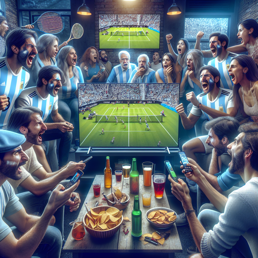 Grupo de amigos argentinos apostando en vivo en Bet365 y viendo streaming deportivo