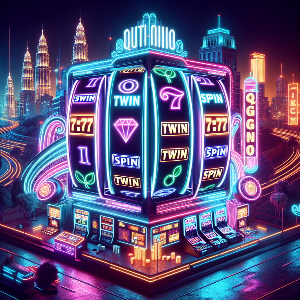 Banner con tragamonedas Twin Spin girando en casino moderno de Argentina, fondo neón.